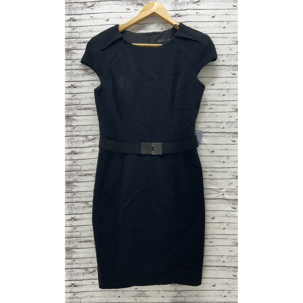 Zara Basic Women's Large Black Sheath Dress Pencil Belted NEW